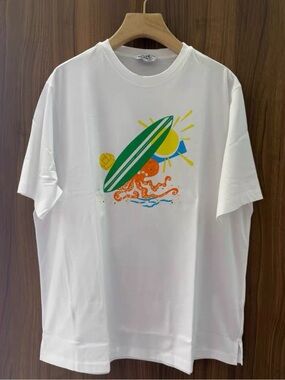 🚩steal Hermes White Tee with Surfboard & Sun Graphic